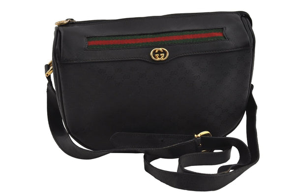 Authentic GUCCI Web Sherry Line Micro GG Shoulder Bag PVC Leather Black 2433I
