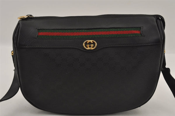 Authentic GUCCI Web Sherry Line Micro GG Shoulder Bag PVC Leather Black 2433I
