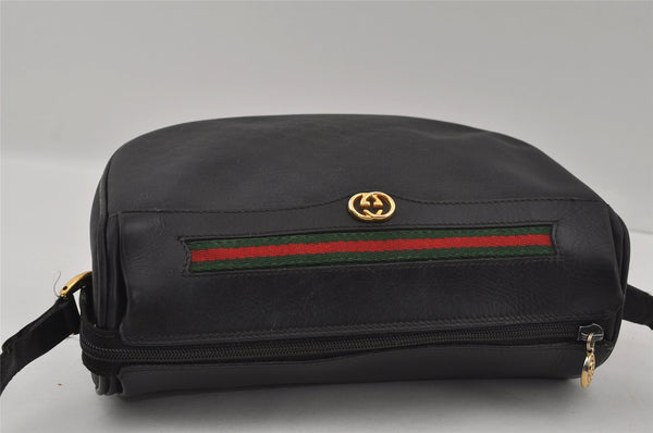 Authentic GUCCI Web Sherry Line Micro GG Shoulder Bag PVC Leather Black 2433I