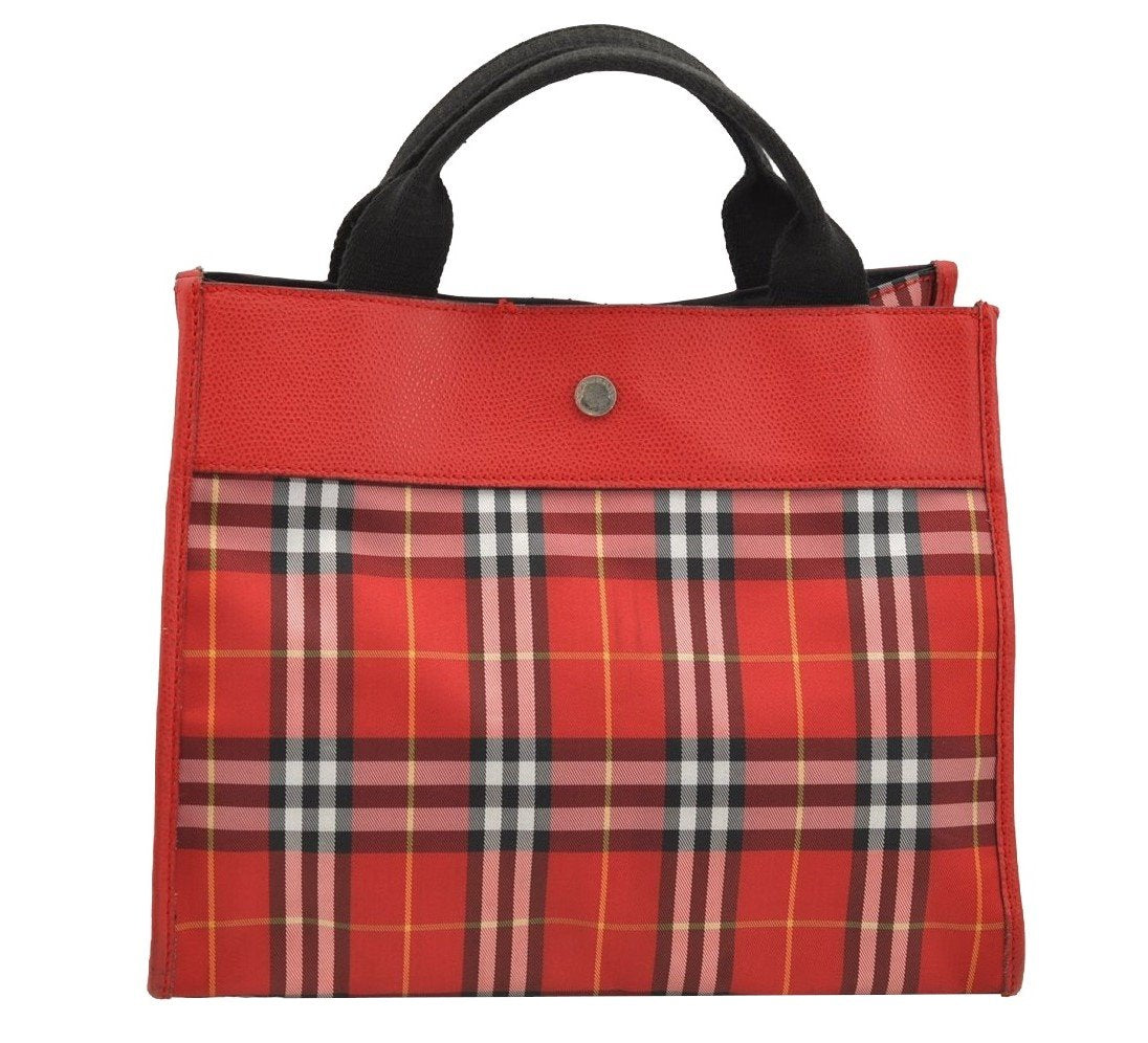 Authentic BURBERRY Check Vintage Tote Hand Bag Purse Nylon Leather Red 2434I