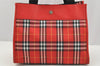 Authentic BURBERRY Check Vintage Tote Hand Bag Purse Nylon Leather Red 2434I