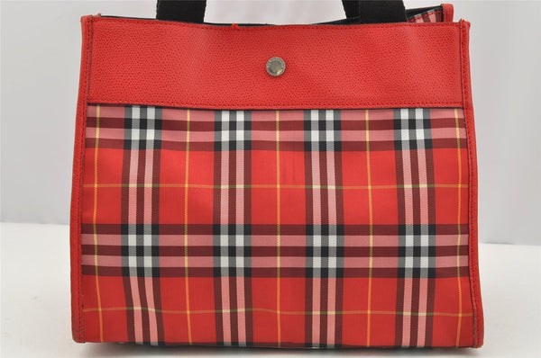 Authentic BURBERRY Check Vintage Tote Hand Bag Purse Nylon Leather Red 2434I