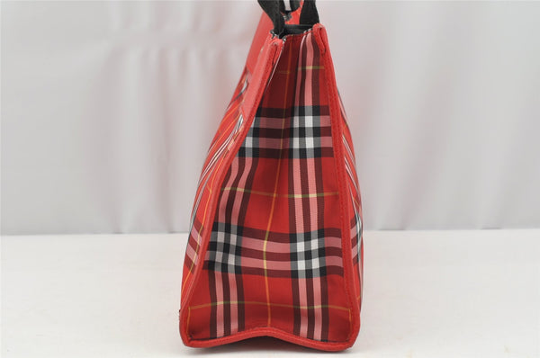 Authentic BURBERRY Check Vintage Tote Hand Bag Purse Nylon Leather Red 2434I