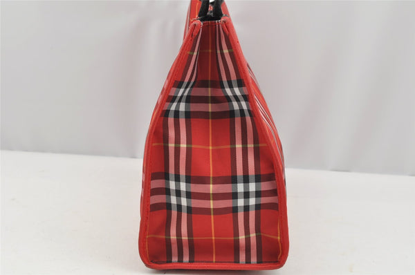 Authentic BURBERRY Check Vintage Tote Hand Bag Purse Nylon Leather Red 2434I