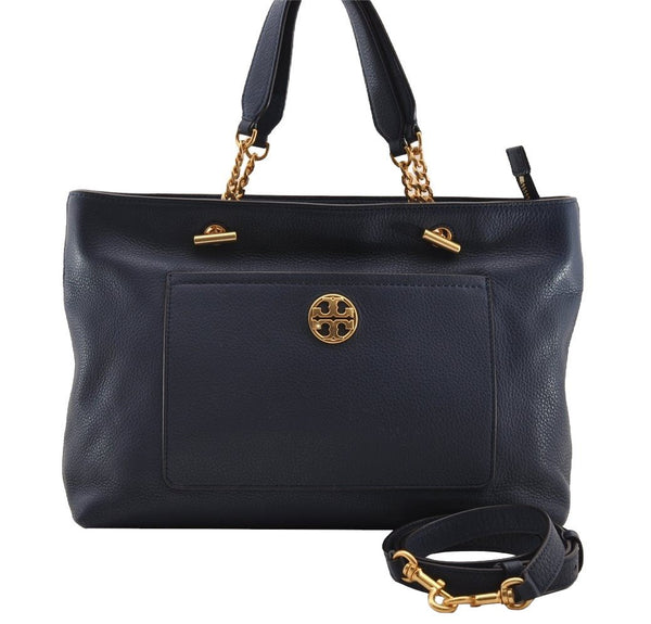 Authentic TORY BURCH Chelsea Leather 2Way Shoulder Tote Bag Navy Blue 2435I