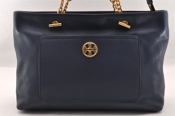 Authentic TORY BURCH Chelsea Leather 2Way Shoulder Tote Bag Navy Blue 2435I