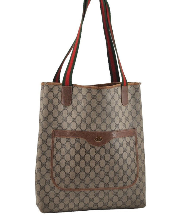 Authentic GUCCI Web Sherry Line Shoulder Tote Bag GG PVC Leather Brown 2436I