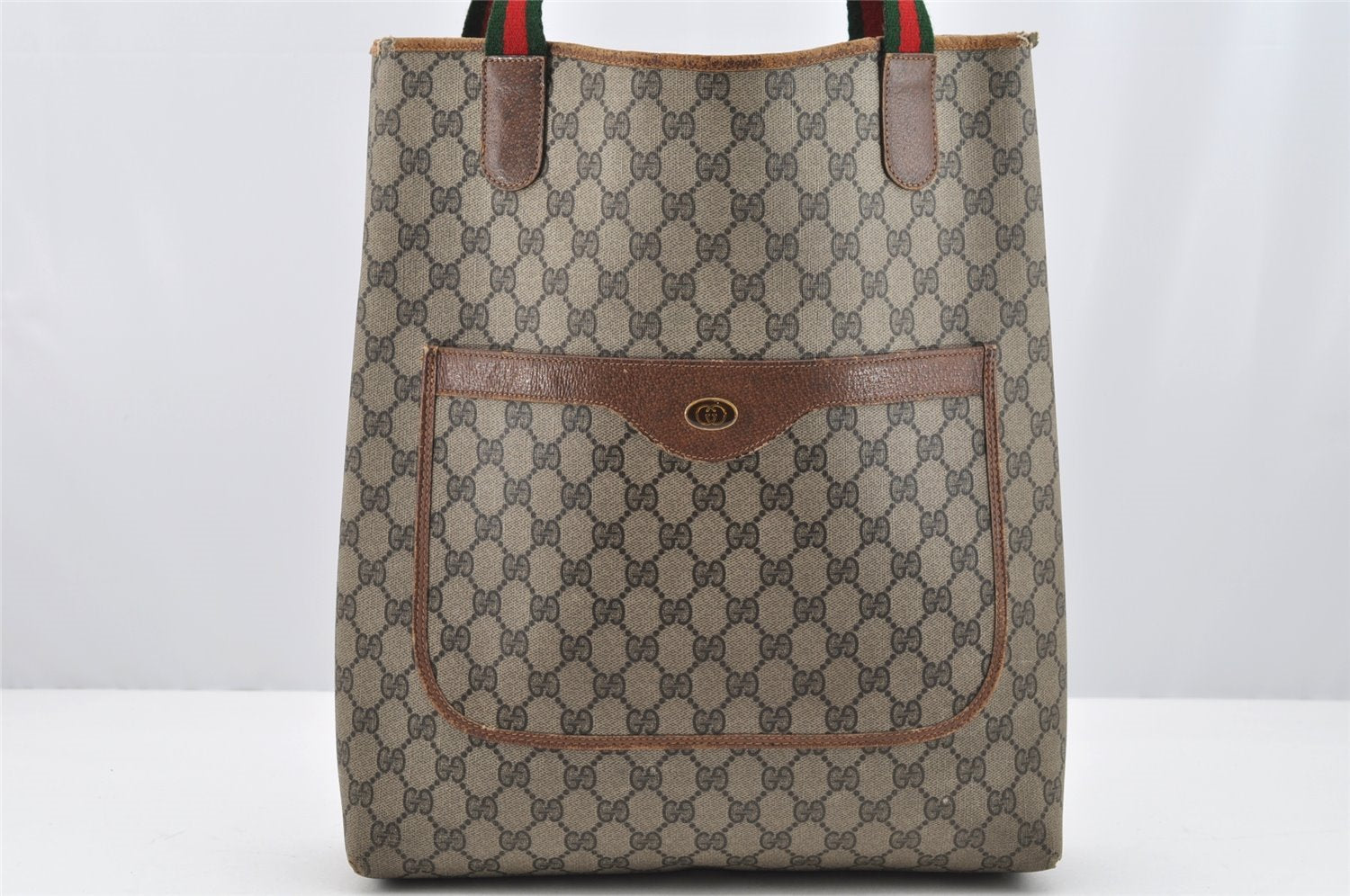 Authentic GUCCI Web Sherry Line Shoulder Tote Bag GG PVC Leather Brown 2436I