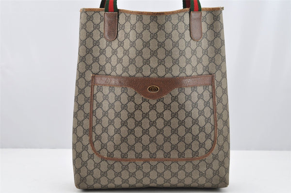 Authentic GUCCI Web Sherry Line Shoulder Tote Bag GG PVC Leather Brown 2436I