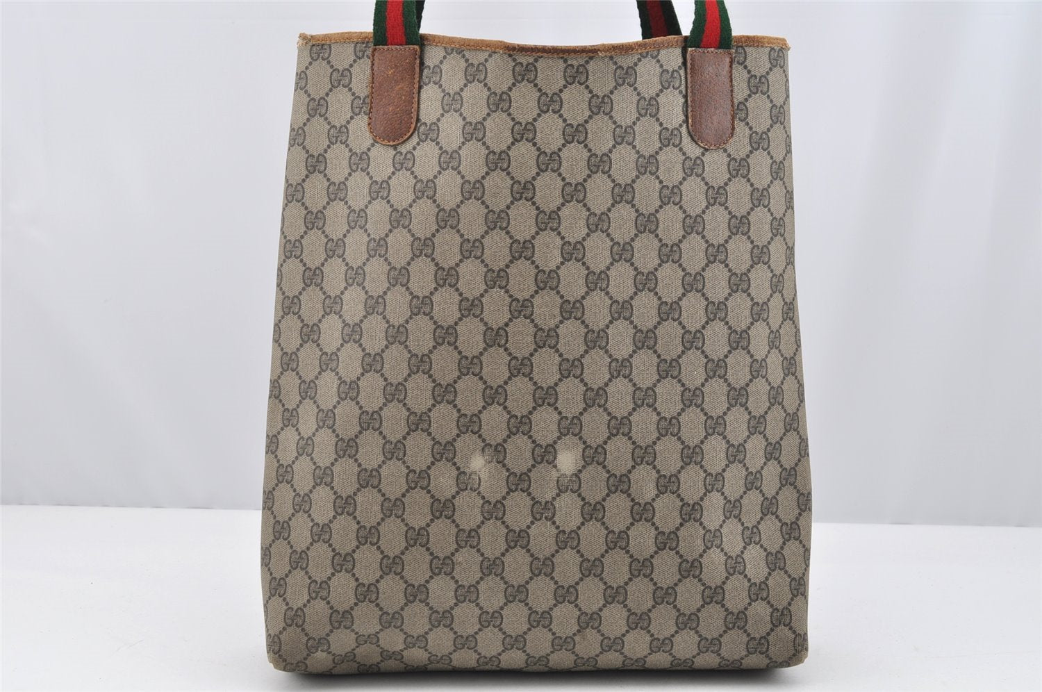 Authentic GUCCI Web Sherry Line Shoulder Tote Bag GG PVC Leather Brown 2436I