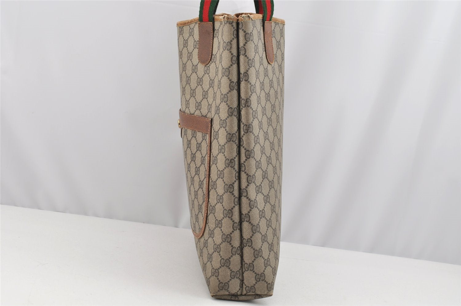 Authentic GUCCI Web Sherry Line Shoulder Tote Bag GG PVC Leather Brown 2436I