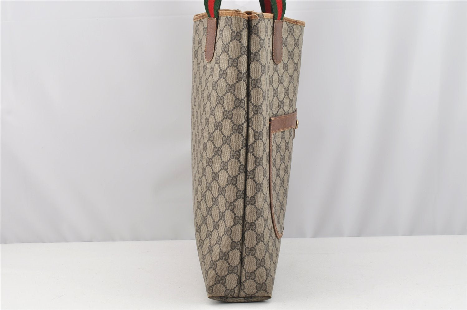 Authentic GUCCI Web Sherry Line Shoulder Tote Bag GG PVC Leather Brown 2436I