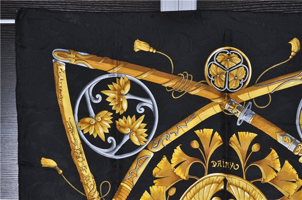 Authentic HERMES Carre 90 Scarf "DAIMYO" Silk Black 2438F