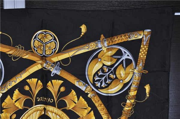 Authentic HERMES Carre 90 Scarf "DAIMYO" Silk Black 2438F