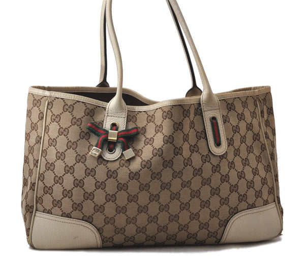 Authentic GUCCI Sherry Line Princy Ribbon Tote Bag GG Canvas 163805 Brown 2442D