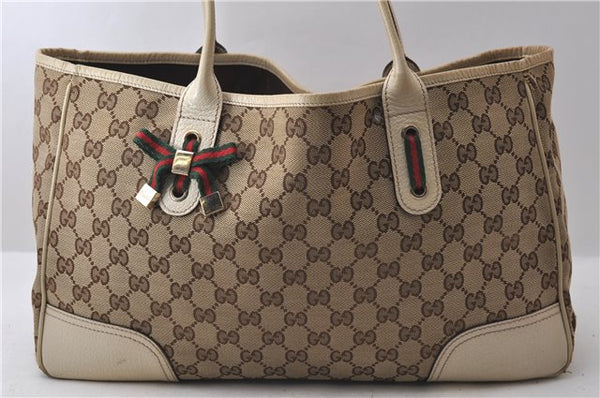 Authentic GUCCI Sherry Line Princy Ribbon Tote Bag GG Canvas 163805 Brown 2442D