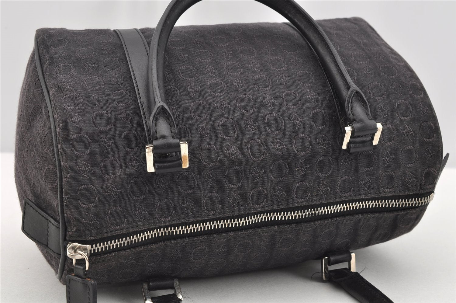 Authentic CELINE C Macadam Carriage Pattern Hand Bag Canvas Leather Black 2445I