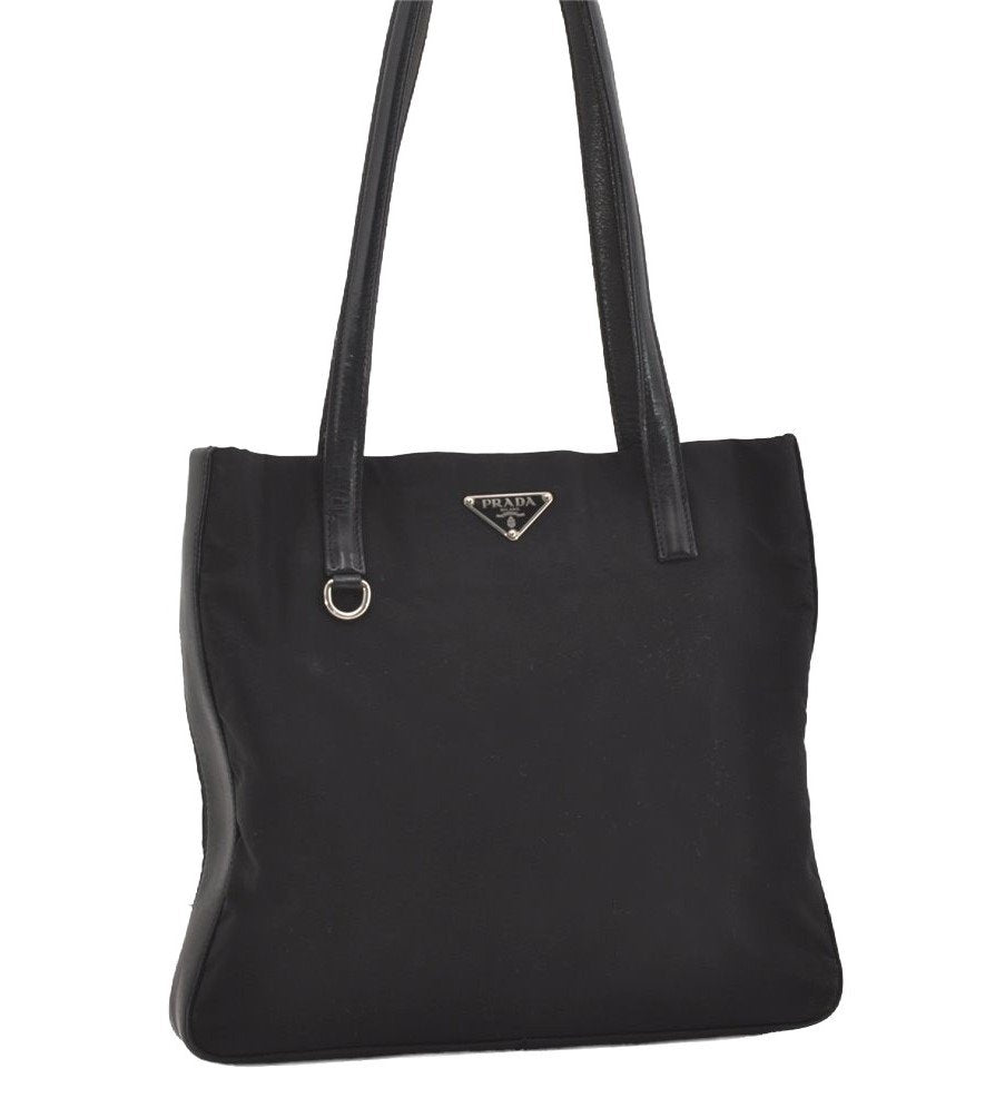 Authentic PRADA Nylon Tessuto Leather Shoulder Tote Bag Purse Black 2447I
