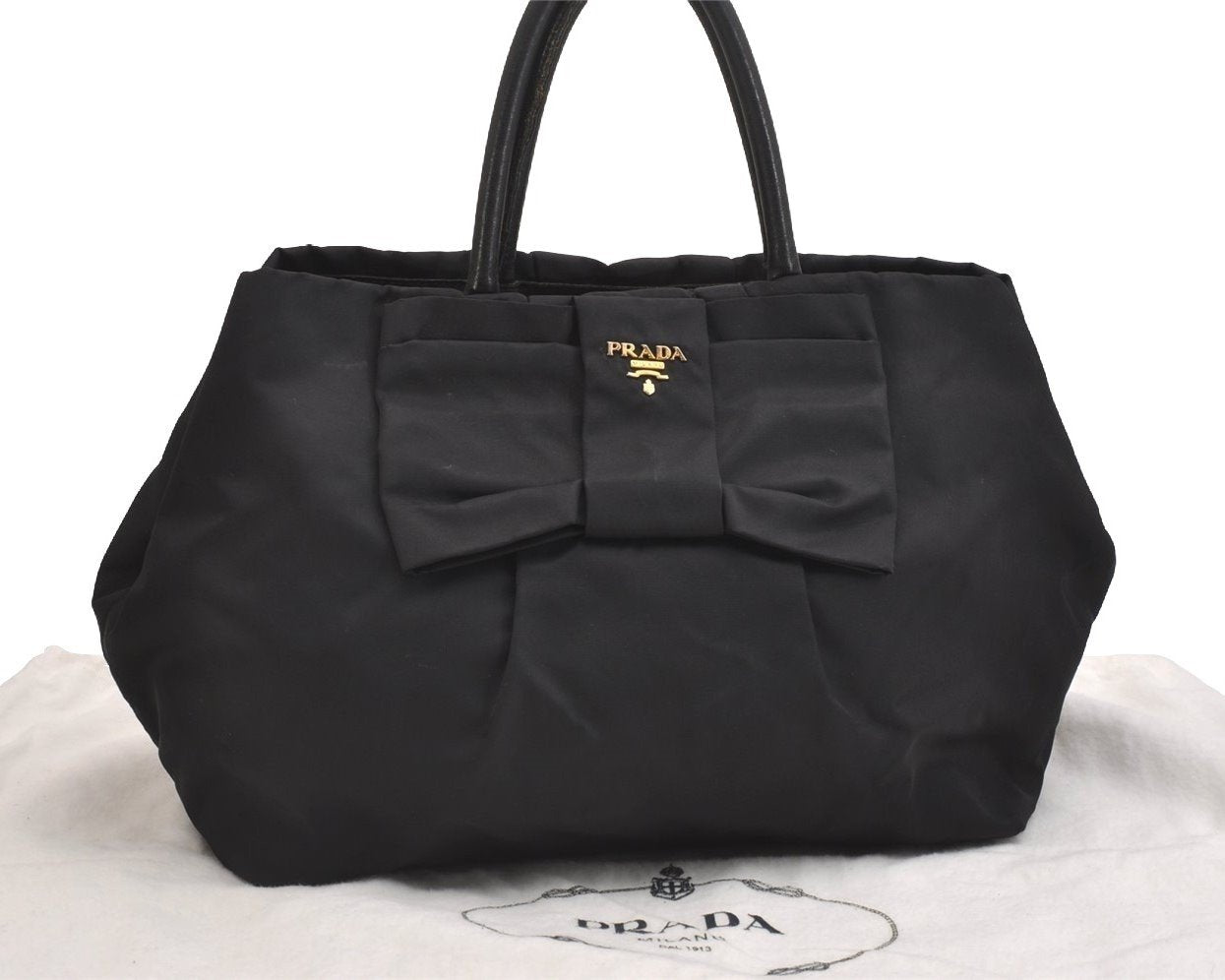 Authentic PRADA Tessuto Fiocco Ribbon Nylon Leather Hand Tote Bag Black 2450I