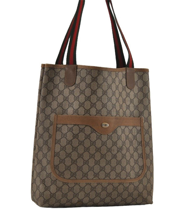 Authentic GUCCI Web Sherry Line Shoulder Tote Bag GG PVC Leather Brown 2452I
