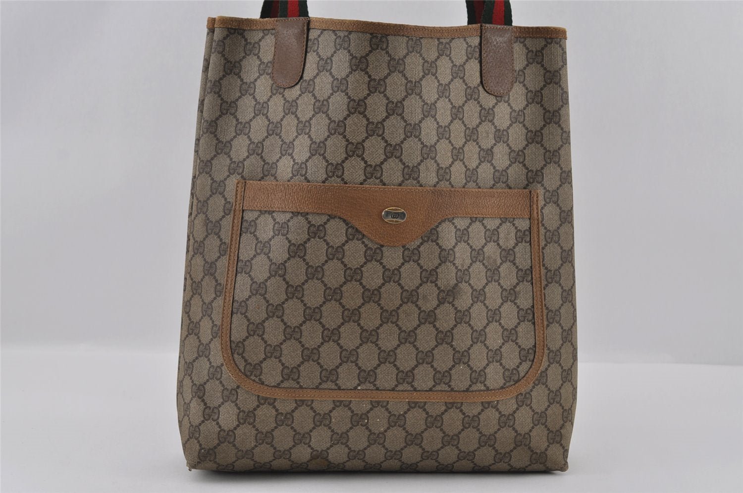 Authentic GUCCI Web Sherry Line Shoulder Tote Bag GG PVC Leather Brown 2452I