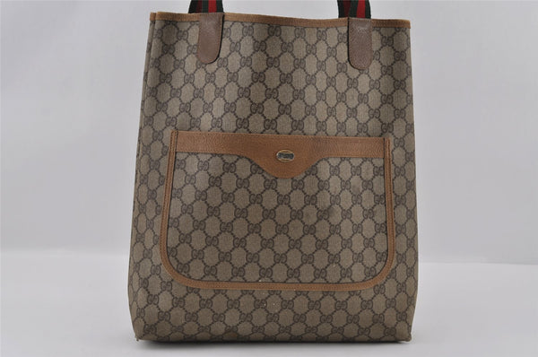 Authentic GUCCI Web Sherry Line Shoulder Tote Bag GG PVC Leather Brown 2452I