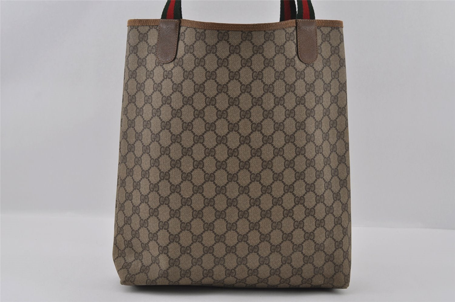 Authentic GUCCI Web Sherry Line Shoulder Tote Bag GG PVC Leather Brown 2452I