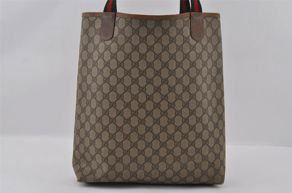 Authentic GUCCI Web Sherry Line Shoulder Tote Bag GG PVC Leather Brown 2452I