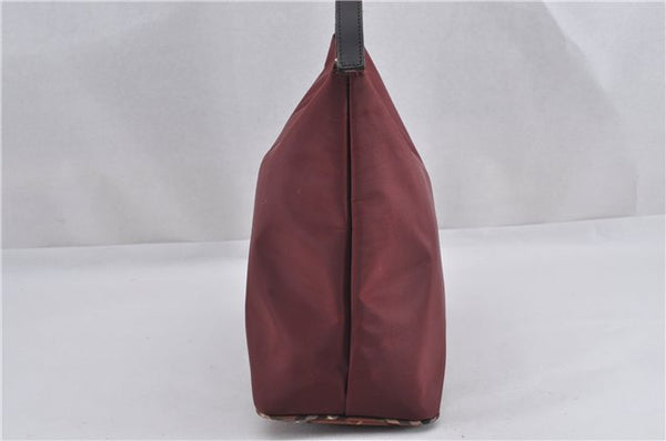 Authentic BURBERRY BLUE LABEL Check Shoulder Bag Nylon Leather Bordeaux 2455F
