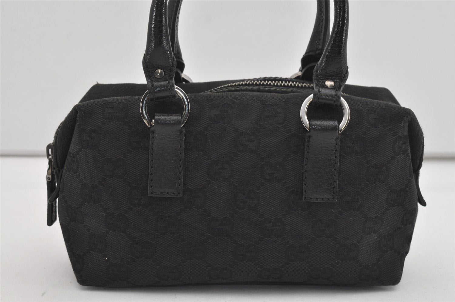 Authentic GUCCI Vintage Hand Bag Purse GG Canvas Leather 113010 Black 2456I