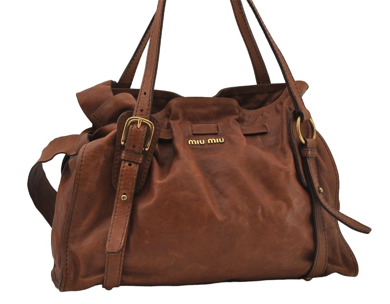 Authentic MIU MIU Vintage Leather Shoulder Tote Bag Brown 2459I