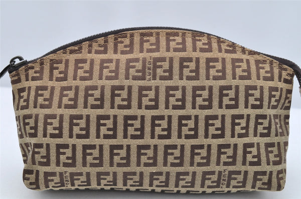 Authentic FENDI Zucchino Cosmetic Pouch Purse Canvas Leather Brown 2464I