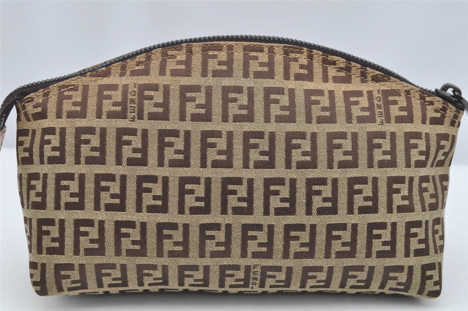 Authentic FENDI Zucchino Cosmetic Pouch Purse Canvas Leather Brown 2464I