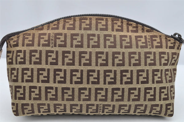 Authentic FENDI Zucchino Cosmetic Pouch Purse Canvas Leather Brown 2464I