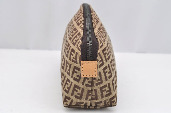 Authentic FENDI Zucchino Cosmetic Pouch Purse Canvas Leather Brown 2464I