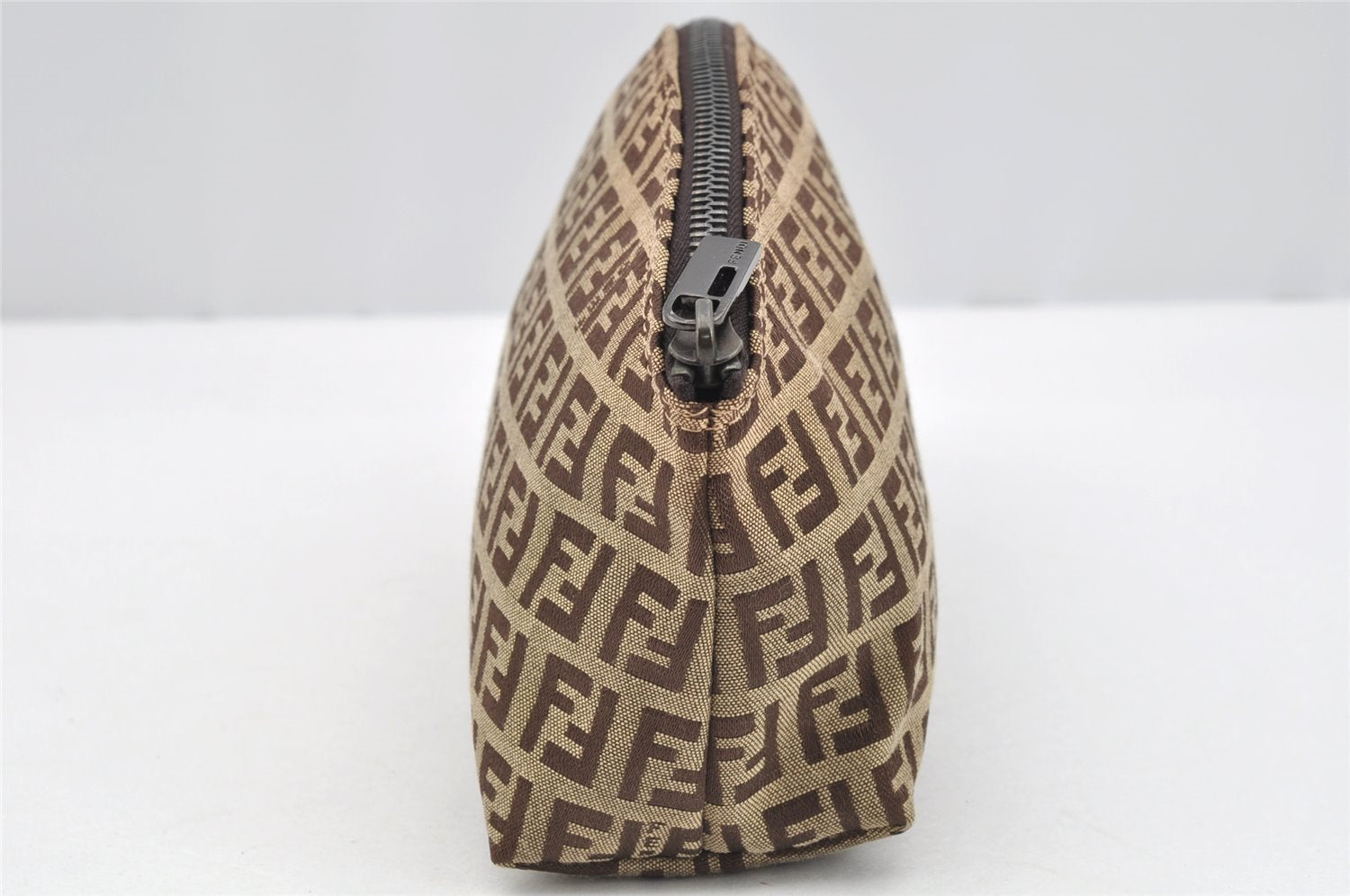 Authentic FENDI Zucchino Cosmetic Pouch Purse Canvas Leather Brown 2464I