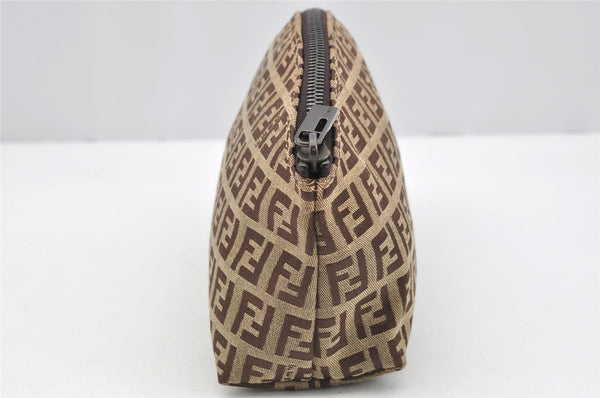 Authentic FENDI Zucchino Cosmetic Pouch Purse Canvas Leather Brown 2464I