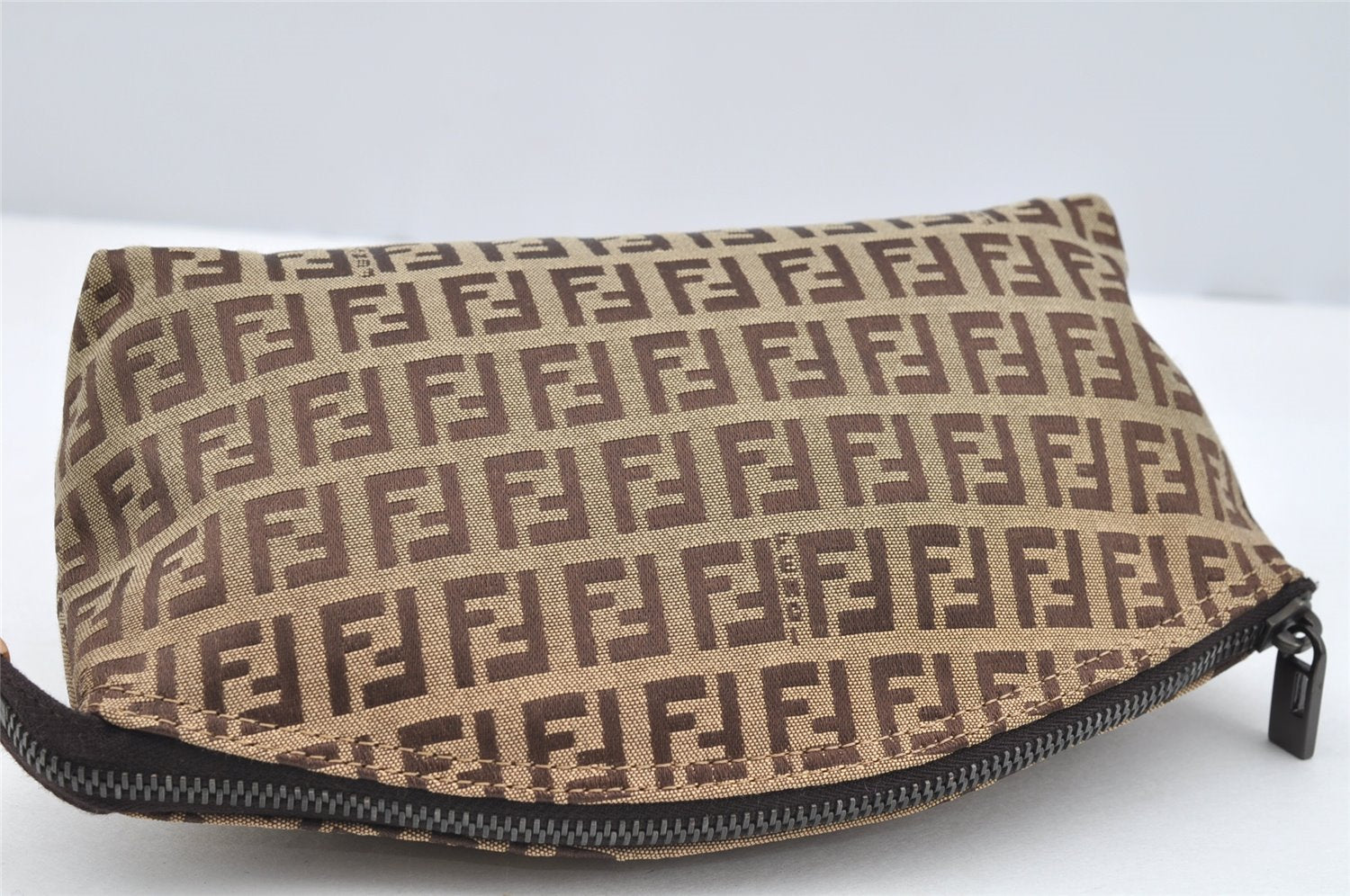 Authentic FENDI Zucchino Cosmetic Pouch Purse Canvas Leather Brown 2464I