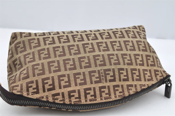 Authentic FENDI Zucchino Cosmetic Pouch Purse Canvas Leather Brown 2464I