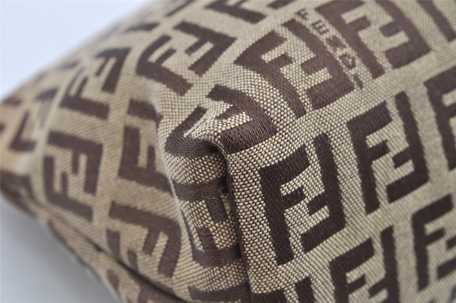 Authentic FENDI Zucchino Cosmetic Pouch Purse Canvas Leather Brown 2464I