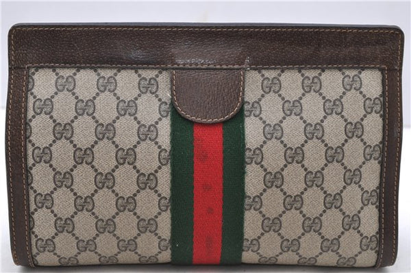 Authentic GUCCI Web Sherry Line Clutch Hand Bag Purse GG PVC Leather Brown 2468D