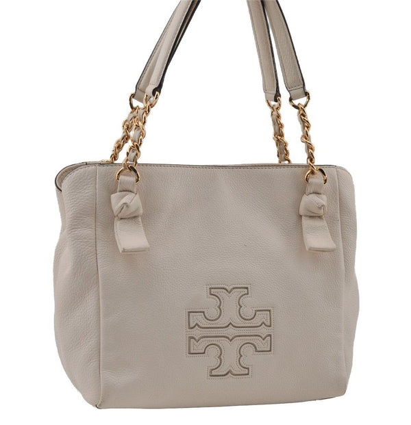 Authentic TORY BURCH Harper Leather Chain 2Way Shoulder Hand Bag White 2471I