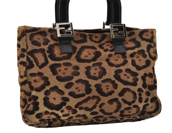Authentic FENDI Leopard Pattern Hand Tote Bag Unborn Calf Leather Brown 2477I