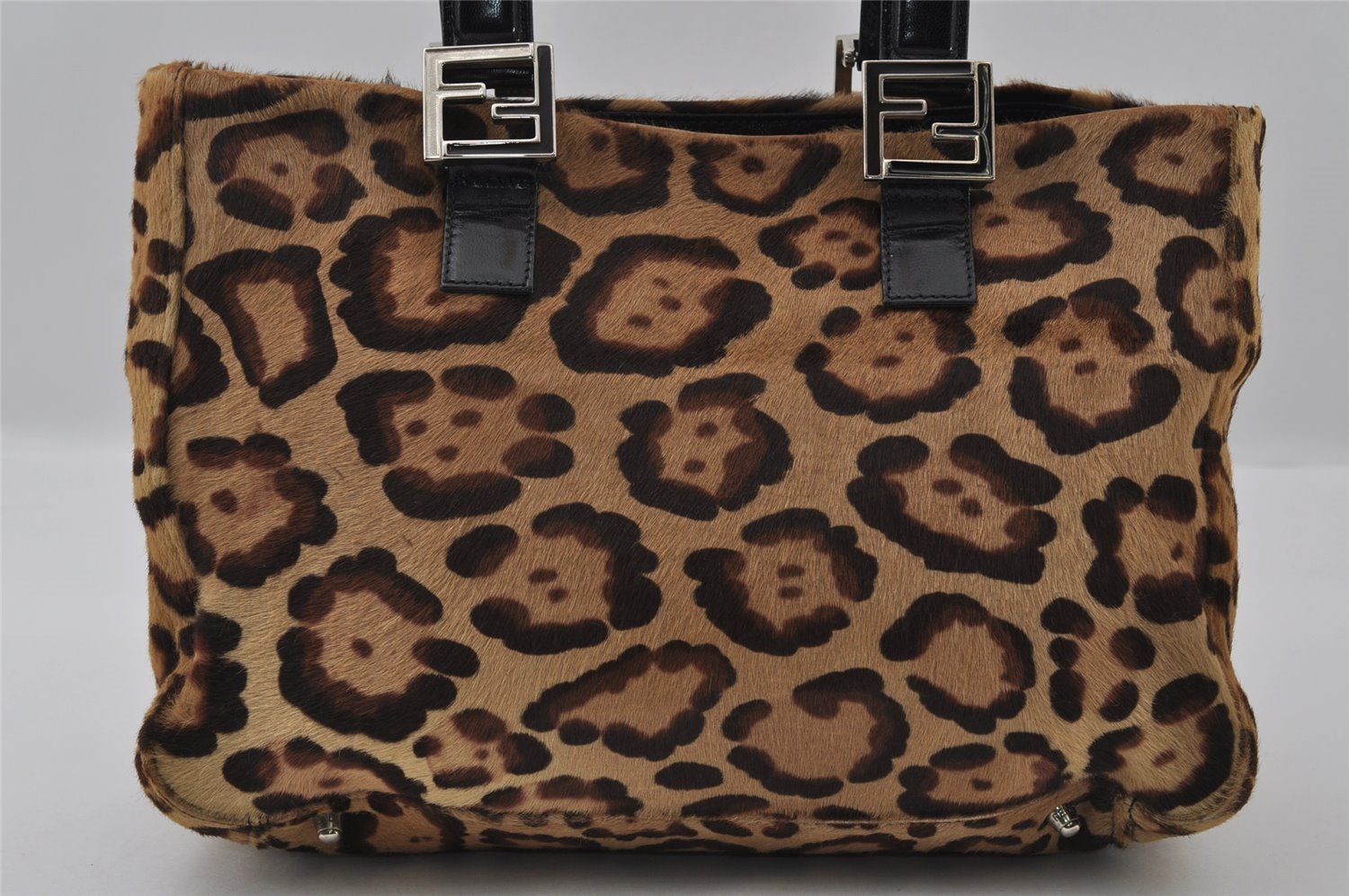 Authentic FENDI Leopard Pattern Hand Tote Bag Unborn Calf Leather Brown 2477I