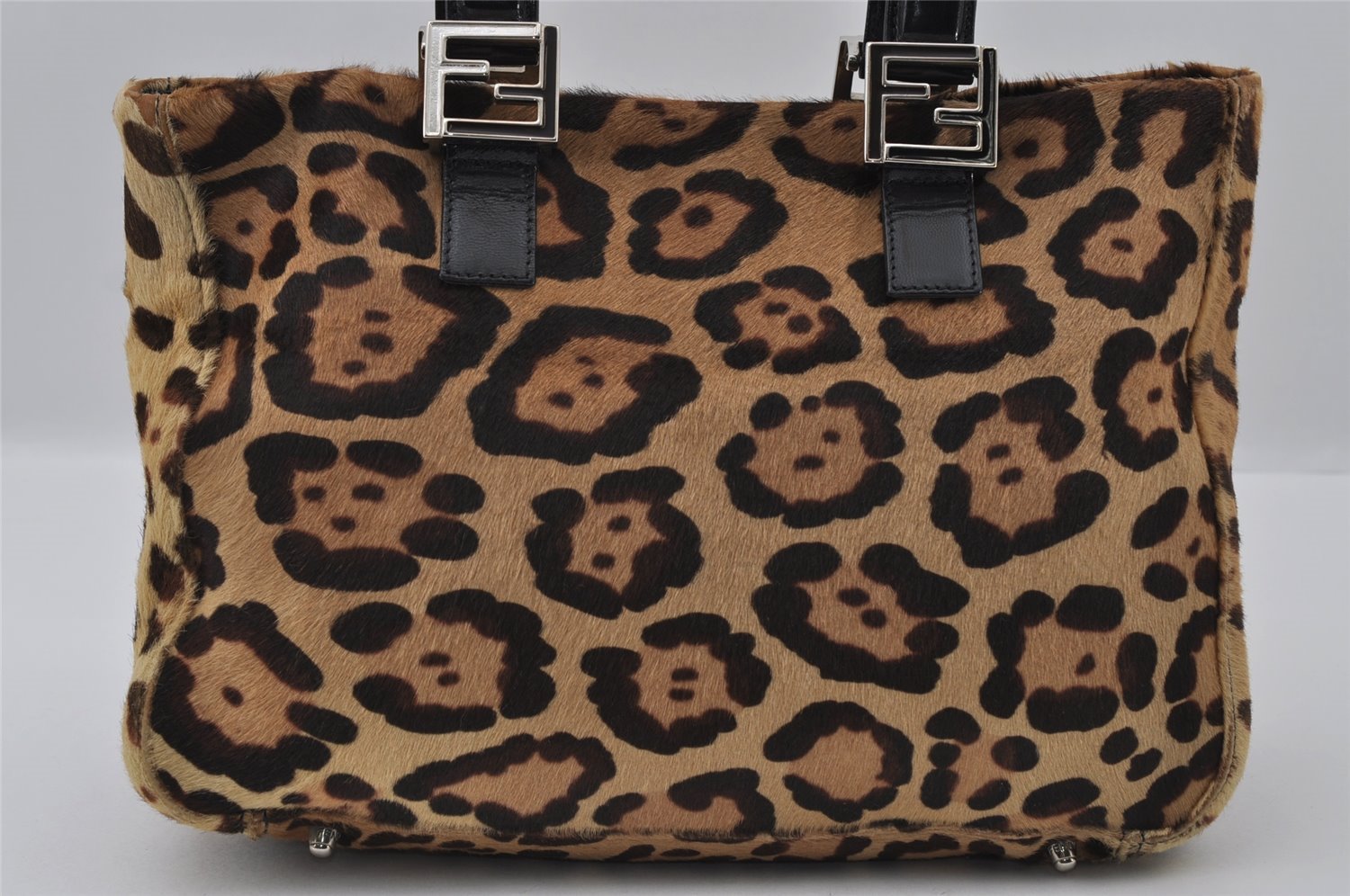 Authentic FENDI Leopard Pattern Hand Tote Bag Unborn Calf Leather Brown 2477I