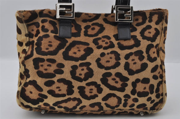 Authentic FENDI Leopard Pattern Hand Tote Bag Unborn Calf Leather Brown 2477I