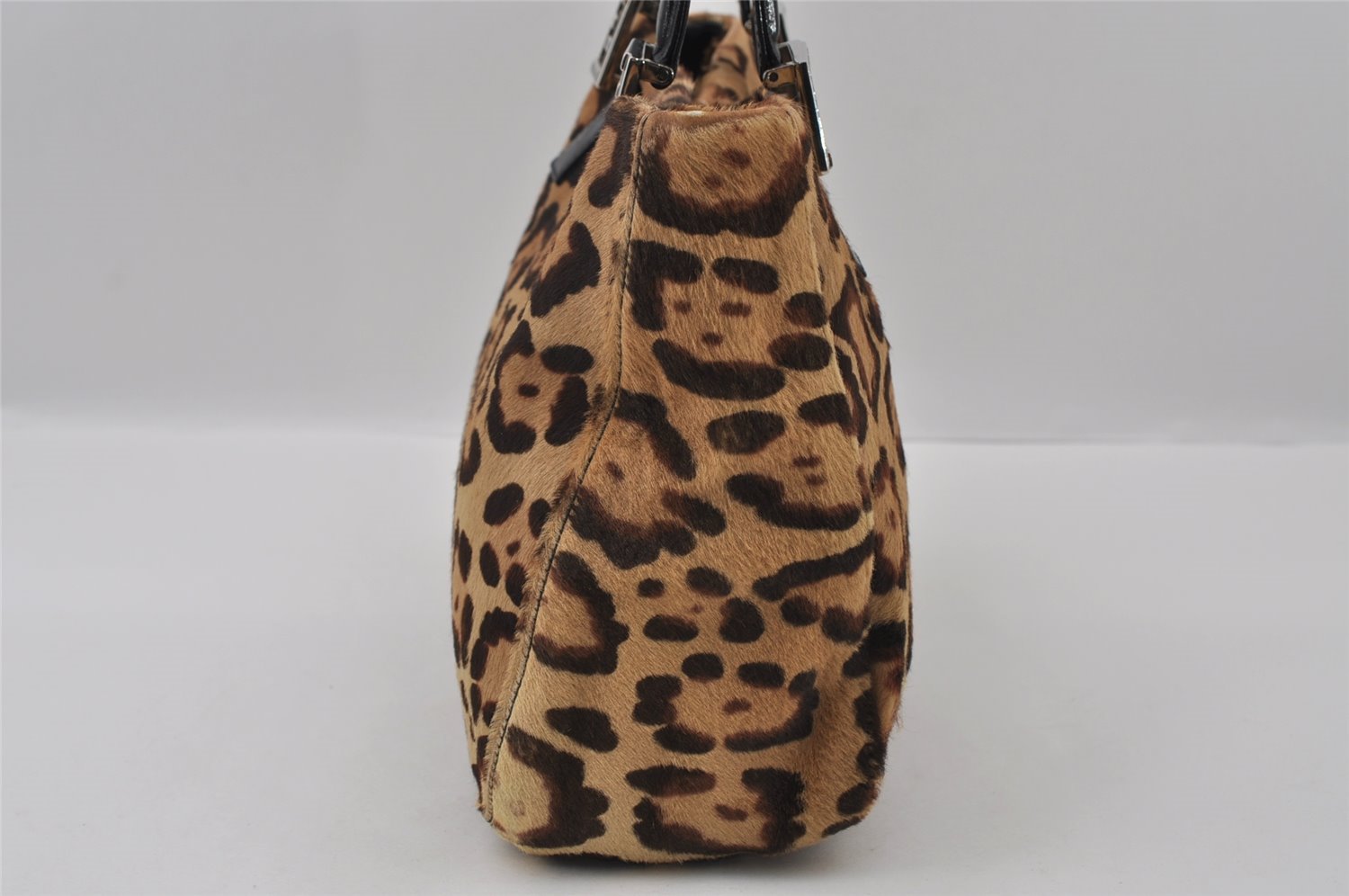 Authentic FENDI Leopard Pattern Hand Tote Bag Unborn Calf Leather Brown 2477I