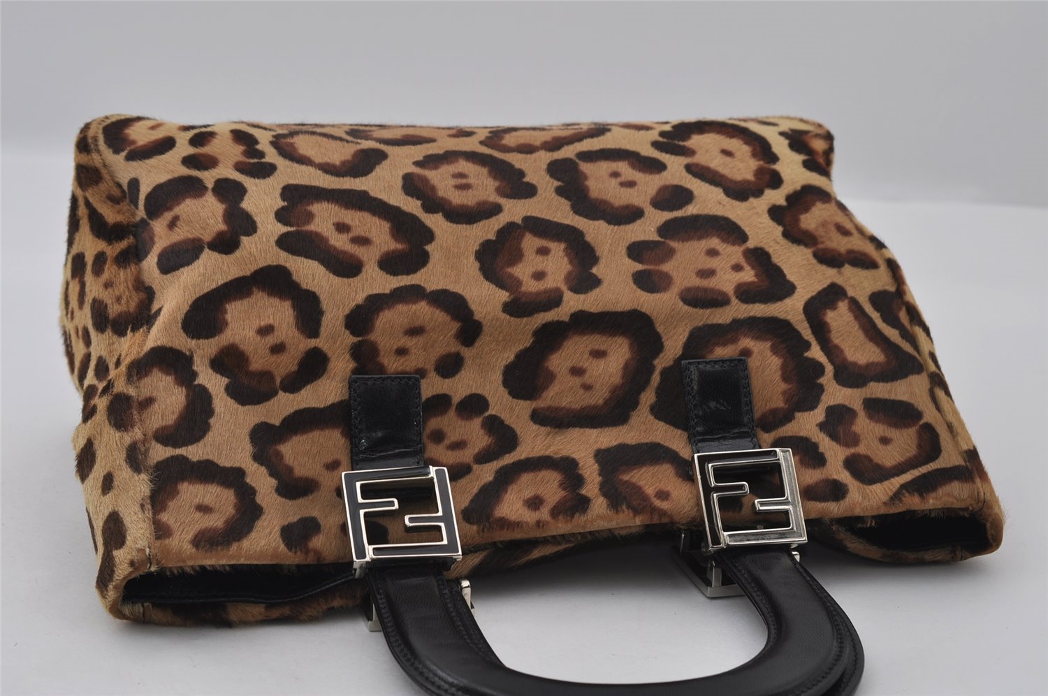 Authentic FENDI Leopard Pattern Hand Tote Bag Unborn Calf Leather Brown 2477I