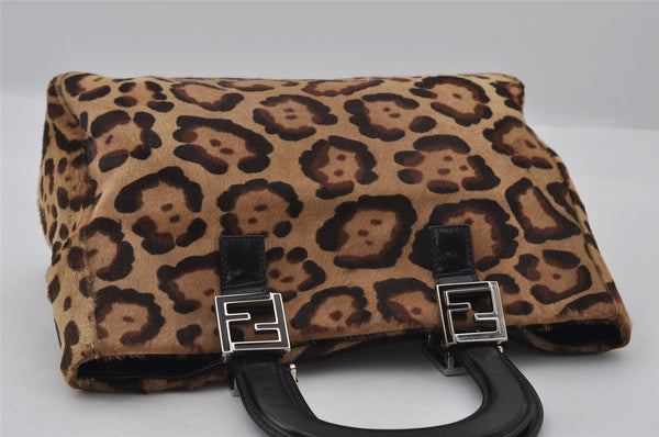 Authentic FENDI Leopard Pattern Hand Tote Bag Unborn Calf Leather Brown 2477I