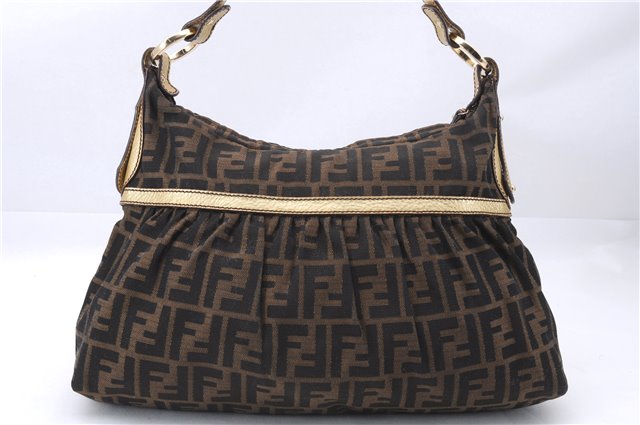 Authentic FENDI Zucca Shoulder Hand Bag Purse Canvas Leather Brown Gold 2481E